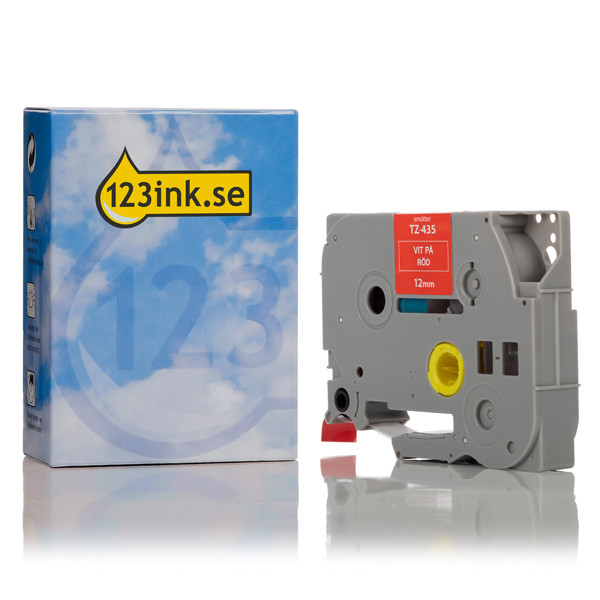Varumärket 123ink ersätter Brother TZe-435 | vit text - röd märkband  | 12mm x 8m 080473 - 1