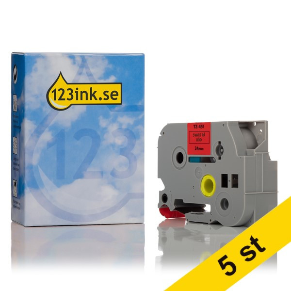 Varumärket 123ink ersätter Brother TZe-451 | svart text - röd märkband  | 24mm x 8m | 5st 650681 - 1