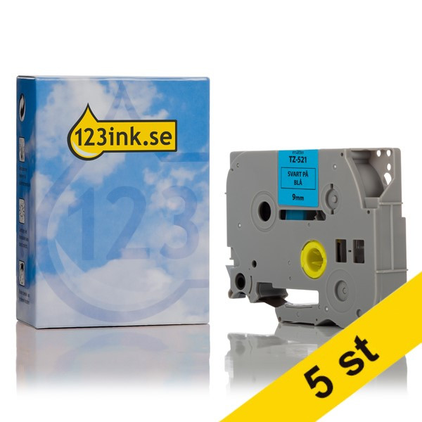 Varumärket 123ink ersätter Brother TZe-521 | svart text - blå tejp | 9mm x 8m | 5st TZe521C 650703 - 1