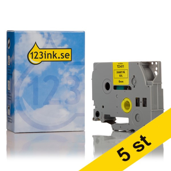 Varumärket 123ink ersätter Brother TZe-611 | svart text - gul märkband  | 6mm x 8m | 5st 650649 - 1
