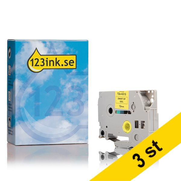 Varumärket 123ink ersätter Brother TZe-631S | svart text - gul märkband  | 12mm x 4m | 3st 080995 - 1