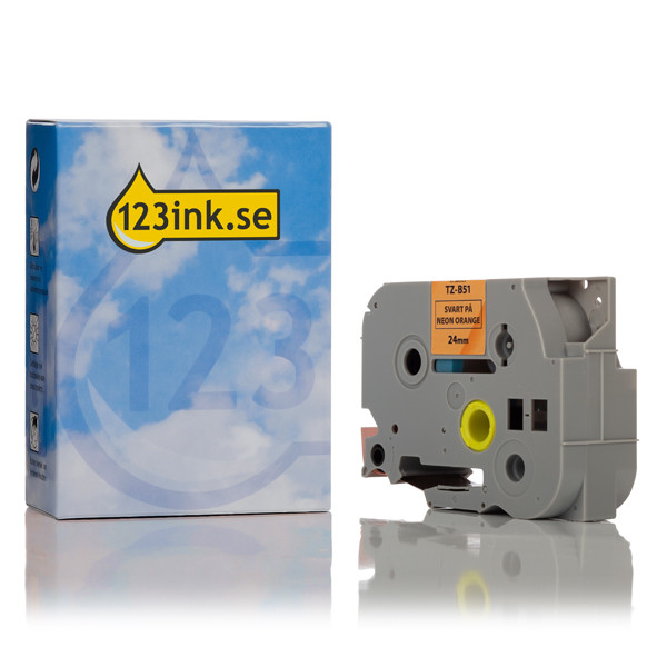 Varumärket 123ink ersätter Brother TZe-B51 | svart text - neonorange märkband  | 24mm x 5m 080651 - 1