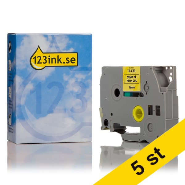 Varumärket 123ink ersätter Brother TZe-C31 | svart text - neongul märkband  | 12mm x 5m | 5st 650677 - 1