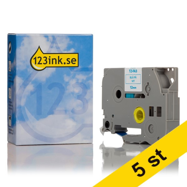 Varumärket 123ink ersätter Brother TZe-FA3 Iron-On märkband  | blå text - vit märkband  | 12mm x 3m | 5st 650644 - 1