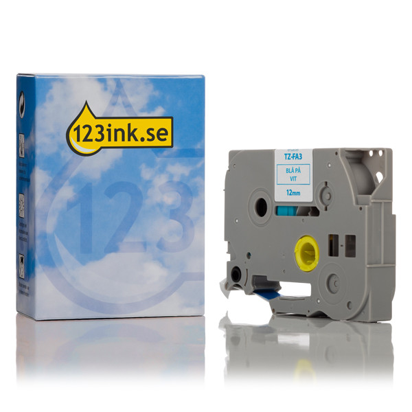 Varumärket 123ink ersätter Brother TZe-FA3 Iron-On tejp | blå text - vit tejp | 12mm x 3m TZe-FA3C 080907 - 1