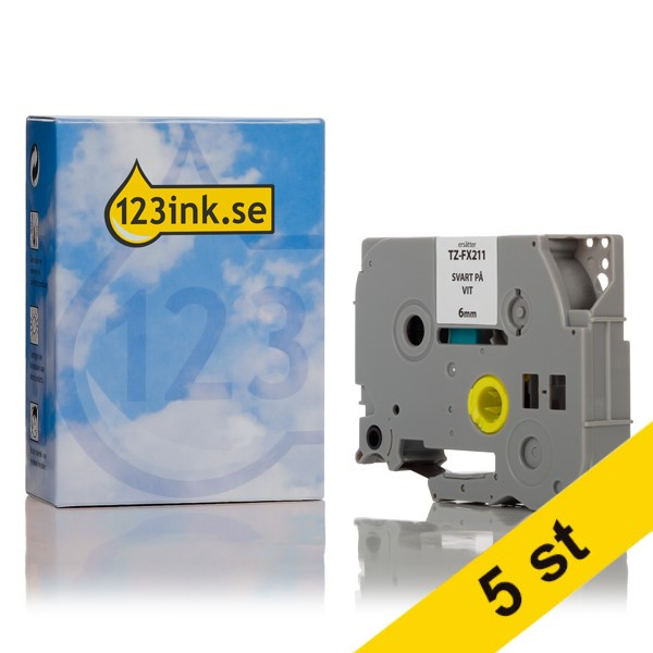 Varumärket 123ink ersätter Brother TZe-FX211 | Flexi ID | svart text - vit märkband  | 6mm x 8m | 5st 650697 - 1