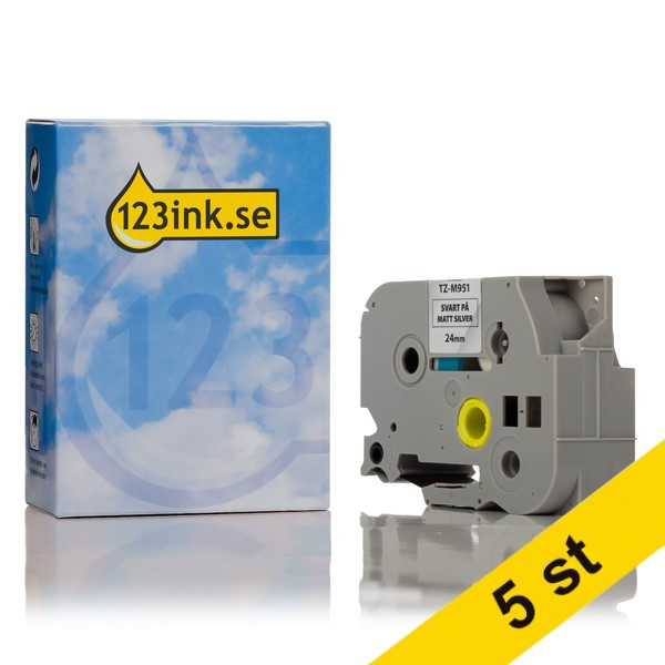 Varumärket 123ink ersätter Brother TZe-M951 | svart text - matt silvermärkband  | 24mm x 8m | 5st 650672 - 1