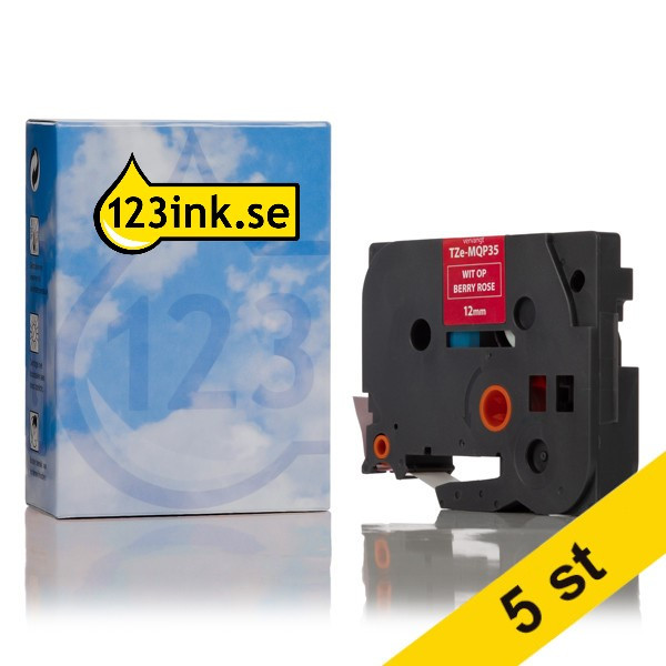Varumärket 123ink ersätter Brother TZe-MQP35 | vit text - berry rose märkband  | 12mm x 5m | 5st 650696 - 1