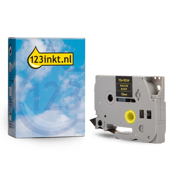 Varumärket 123ink ersätter Brother TZe-R334 | guld text - svart märkband  | 12mm x 4m 350531 - 1