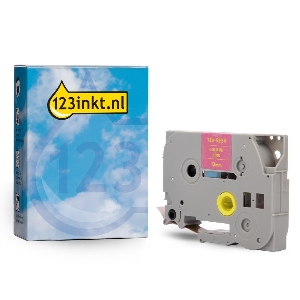 Varumärket 123ink ersätter Brother TZe-RE34 | guld text - rosa tejp | 12mm x 8m TZe-RE34C 080959 - 1
