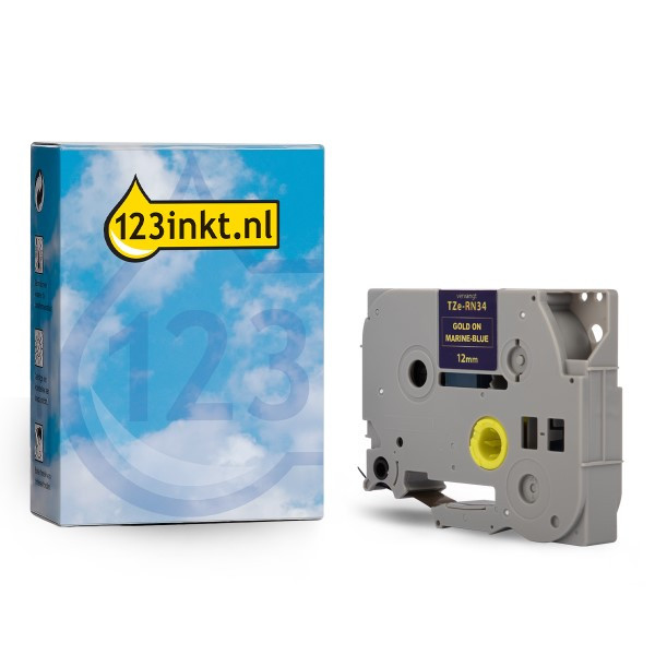Varumärket 123ink ersätter Brother TZe-RN34 | guld text - marinblå märkband  | 12mm x 8m 080961 - 1
