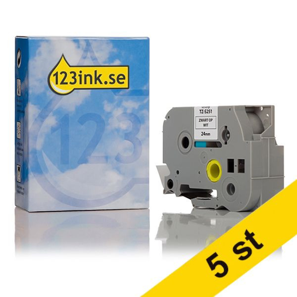 Varumärket 123ink ersätter Brother TZe-S251 | svart text - vit tejp | 24mm x 8m | 5st  089304 - 1