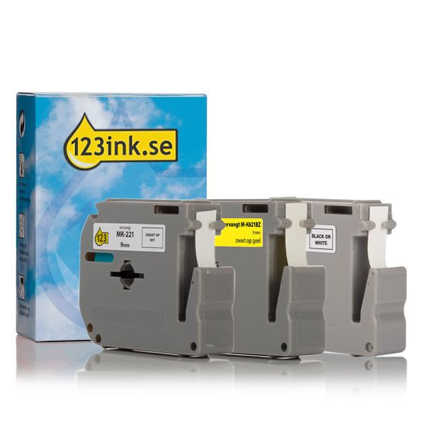 Varumärket 123ink ersätter Brother M-K221BZ+M-K221SBZ+M-K621BZ | svart text - vit/gul märkband  | 9mm | 3st 350619 - 1