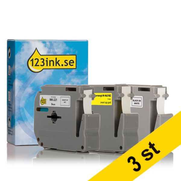 Varumärket 123ink ersätter Brother M-K221BZ+M-K221SBZ+M-K621BZ | svart text - vit/gul märkband  | 9mm | 9st 089299 - 1
