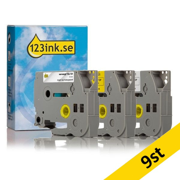 Varumärket 123ink ersätter Brother TZe-231+TZe-131+TZe-631 | svart text - vit/transparent/gul märkband  | 12mm x 8m | 9st 089289 - 1