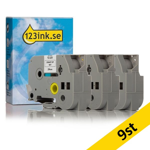 Varumärket 123ink ersätter Brother TZe-251+TZe-651+TZe-355 | svart/vit text - vit/gul/svart märkband  | 24mm x 8m | 9st 089295 - 1