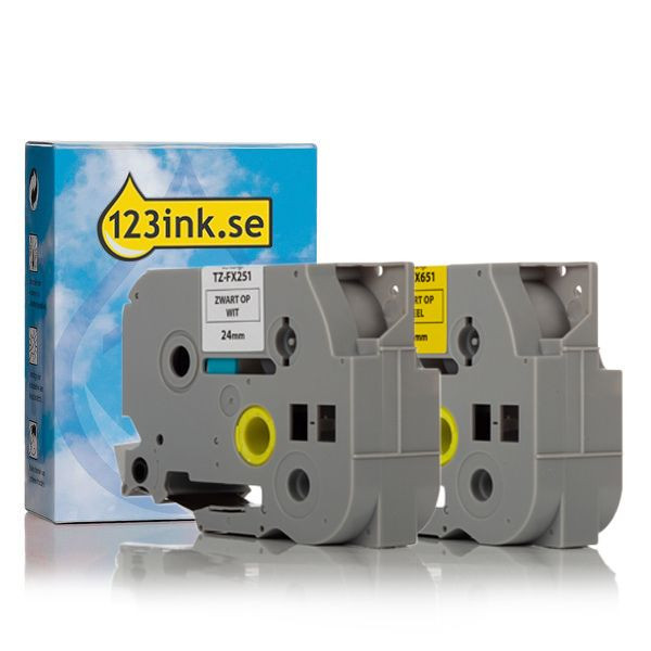 Varumärket 123ink ersätter Brother TZe-FX251+TZe-FX651 | Flexi ID | svart text - vit/gul märkband  | 24mm x 8m 350611 - 1