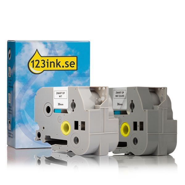 Varumärket 123ink ersätter Brother TZe-M961+TZe-M261 | svart text - silver/vit tejp | 36mm x 8m​​​​​​​  350618 - 1