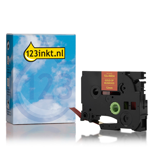 Varumärket 123ink ersätter Brother TZe-RW34 | guld text - vinröd märkband  | 12mm x 8m 080963 - 1