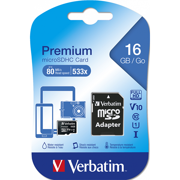 | Micro SDHC minneskort + adapter 16GB | klass 10 | Verbatim 500169 - 1