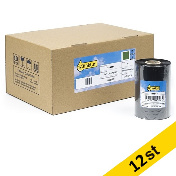 Zebra 2100 Färgband vax | 02100BK11045 | 110mm x 450m (varumärket 123ink) 12 band 02100BK11045C 144614 - 1