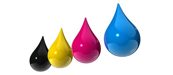Illustration av fyra färgdroppar i svart, gul, magenta och cyan som symboliserar skrivarfärger
