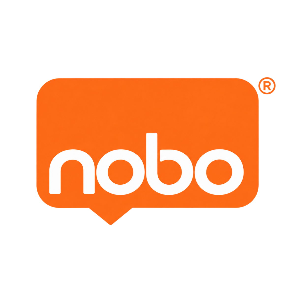 Nobo logga. En orange pratbubbla med texten nobo i vit färg