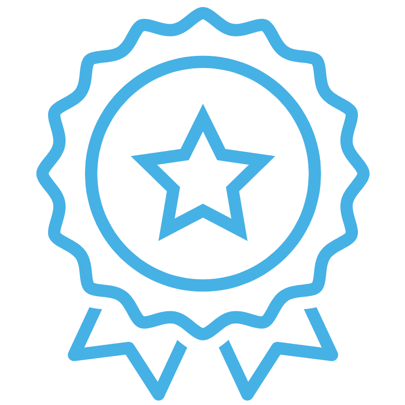 Blå ikon av ett prisband med en stjärna i mitten.