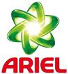 Ariel logga. En grön symbol av flera cirklar som går ihop ovanför en röd text där det står ARIEL