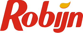 Robijn logotyp med röda versaler på vit bakgrund