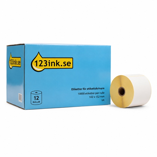 Vit fraktetikettrulle och en blå 123ink kartong
